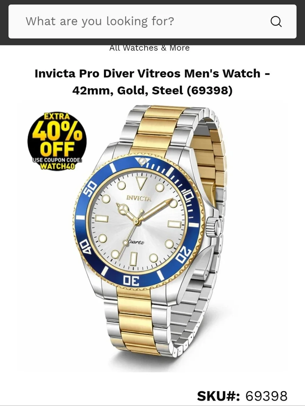 330.  Invicta Pro Diver Vitreos Men's Watch 42mm, Gold, Steel (69398)